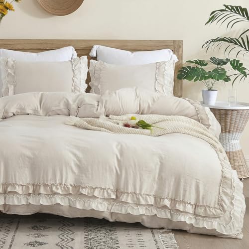 Bedorm Beige Ruffled Comforter Set King Boho Bedding Set Cream White Fringe Ruffle Romantic Bedroom Decor Shabby Chic Farmhouse Bedding Comforter