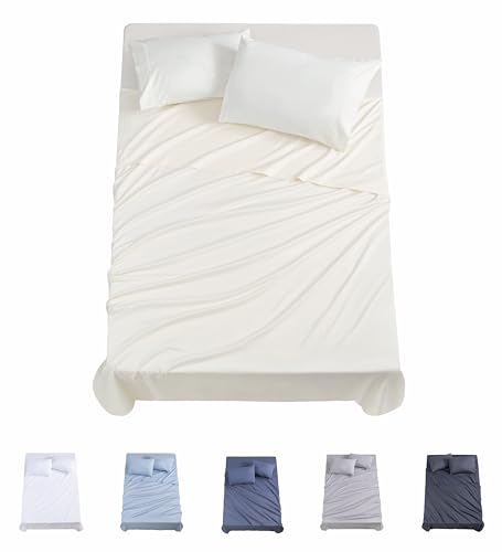 Todocama 4-Piece Bed Sheet Set – 3001 – Fitted Sheet – Top Sheet – Two Pillowcases 50 x 80 cm (Bed 135 x 190/200 cm, Beige)