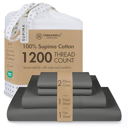 "Threadmill 1200TC Supima Cotton Cal King Sheet Set, Sateen, Dark Grey - 100% Supima Cotton, Sateen Weave, 4-Piece Set, 17"" Deep Pocket, All-Around Elastic, Hotel Quality, OEKO-TEX Certified"