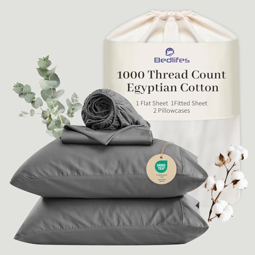 "Bedlifes Egyptian Cotton Sheets 1000 Thread Count Queen Size, 4-Piece 16"" Deep Pocket - Cooling & Breathable Ultra Soft Bedding for Hotel Comfort (Light Gray)"