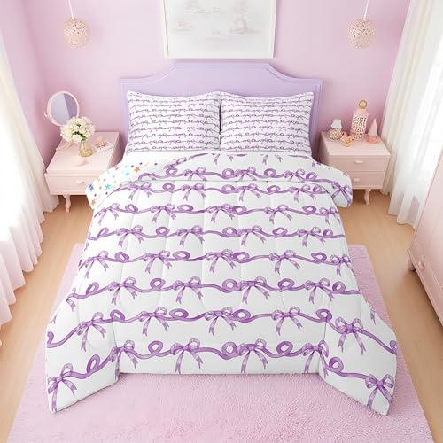 Erosebridal Purple Bow Tie Twin Comforter Set for Girls - Coquette Ribbon Bow Bedding Sets for Kids Teen, Princess Bowtie Striped Bed Set, Cute Preppy Bows Room Decor, 1 Pillowcase