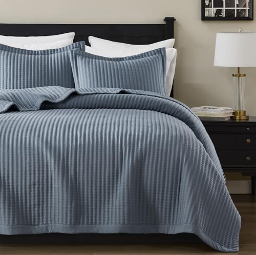 WDCOZY Dusty Blue Queen Size Quilt Set, Striped Pick Stitch Lightweight Bedspread, Soft Channel Farmhouse Rustic Coverlet, Spring Summer Thin Comforter, Country Bedding, 90x90 inches