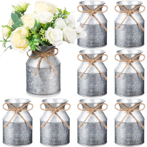 Domensi 9 Pcs 5.12 Inch Farmhouse Metal Flower Vase Decor Bulk Rustic Galvanized Milk Can Jug Vase with Bow Flower Bucket for Table Centerpiece Christmas Valentine Wedding Home Dinging (Iron Color)
