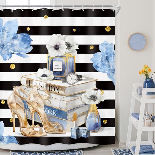 Riyidecor Fashion Shower Curtain 60Wx72H Inch Black White Stripes Blue Gold Floral Modern Magazine Book Perfume High Heels Girls Women Quotes Bathroom Decor Fabric Polyester Waterproof 12 Pack Hooks