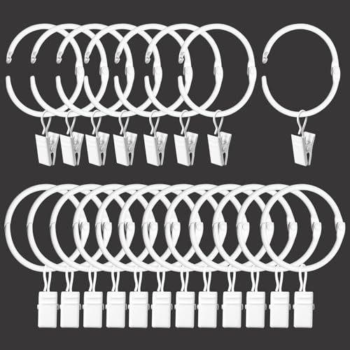 "LLPJS Openable Curtain Rings with Clips, Open Drapery Rings with Hooks, Curtain Clips 1.5 inch Interior Diameter, Fit up to 1.2"" Curtain Rod (White, 1.5"" I D Set of 20)"