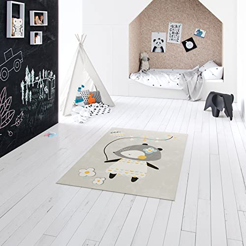 BALTA Children's Rug, Bear, Rectangular Short Pile Rug, Ideal for the Children's Room, Playroom, Easy Care, Dirt-Repellent, Polypropylene, 120 x 170 cm, Grey, Multicoloured