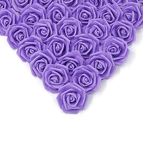 IPOPU Artificial Rose Flower Heads, 100 Pcs Real Looking Purple Foam Fake Roses for DIY Wedding Baby Shower Centerpieces Arrangements Party Tables Home Decorations (Purple 1, Stemless)