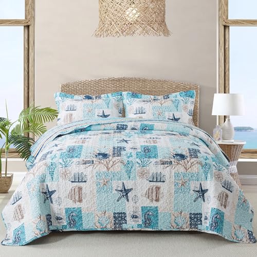 NEWLAKE Quilt Bedspread Sets - West Coastal Pattern Reversible Coverlet Set, King Size
