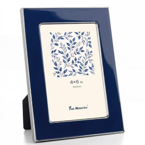 Fun Memories 4x6 Picture Frame - 1pcs Navy Blue Enamel Glass Photo Frame with Silver Metal Edge & Easel for Display Picture Frame on Countertops, Tabletops, Bookshelves, Desks, Walls (Navy/Silver)