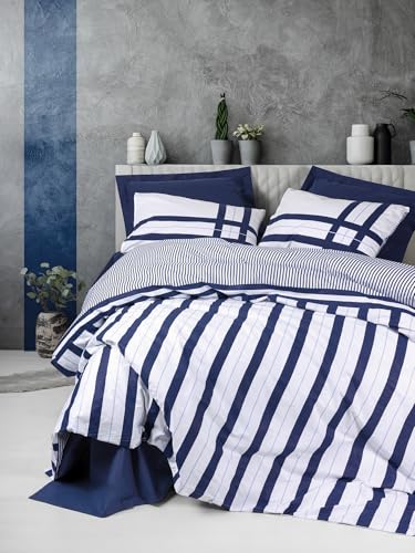 Nuit Des Rêves Ranforce Single XXL Quilt Cover Set, Dark Blue, 155 x 220 cm, 100% Cotton, Reactive Printing, Machine Washable, Envelope & Button Closure, Soft & Stylish Bedding