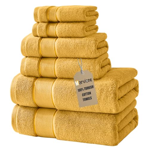 Marvione Bath Towels Set 6 Piece, 100% Turkish Cotton Luxury Towels - 650GSM Super Soft Highly Absorbent and Quick Dry Durable Machine Washable Bathroom Towels (Gold)