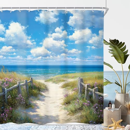 "Riyidecor Ocean Beach Blue Sky White Cloud Bathroom Shower Curtain Set - 60""W x 72""L shower curtain??? Seaside Beachy: HD waterproof print, quick-dry cloth, free hooks for easy installation."