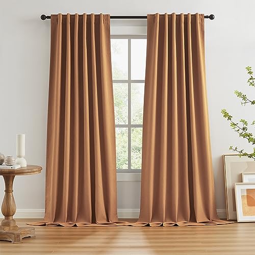 KEQIAOSUOCAI Extra Long Burnt Orange Blackout Linen Curtains 2 Panels Set 120 Inch Length for Living Room and Bedroom - Hook Belt Back Tab Track System Ceiling Boho Muted Ochre Orange W50 x L120