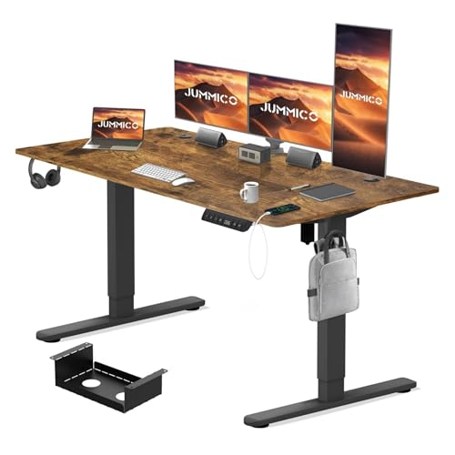 JUMMICO Electric Height Adjustable Desk 180x80 cm with Charging Station, Height Adjustable Computer Desk with Cable Management, Ergonomic Sit-Stand Desk Adjustable Height Table, Vintage Brown