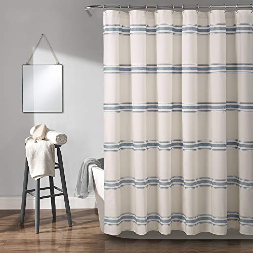 "Lush Decor Farmhouse Stripe Cotton Shower Curtain, 72"" W x 72"" L, Blue - Classic Modern Rustic Charm Bathroom Decor"