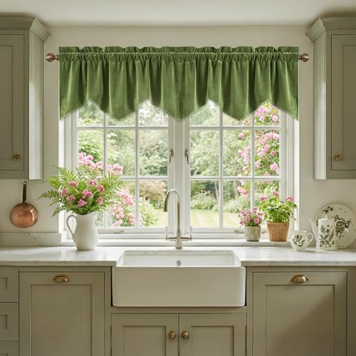 StangH Grass Green Valance for Windows, Bright Wavy Green Kitchen Window Treatment, Decorative Short Drapes for Bathroom/Kids Room, 52x18 Inch, 1 Panel