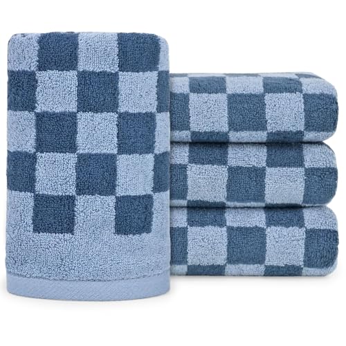 Jacquotha Towel Set of 4, Check Towels for Bath, Face and Hair, for Men and Women, Kitchen, Luxurious Cotton, Soft and Fluffy, 33 x 74 cm, Blue