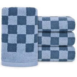 Jacquotha Towel Set of 4, Check Towels for Bath, Face and Hair, for Men and Women, Kitchen, Luxurious Cotton, Soft and Fluffy, 33 x 74 cm, Blue