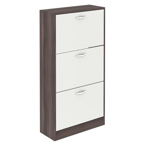 Vida Designs Shoe Cabinet, Wooden Shoe Storage Unit with 3 Pull-Down Drawers, Multifunctional Dust-Proof Space-Saving Slim Cupboard for Hallway or Entryway (Walnut & White)