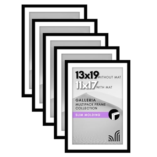 Americanflat 13x19 Picture Frame With Polished Plexiglass - Set of 5 - Use as 11x17 With Mat or 13x19 Without Mat - Galleria Collection - Gallery Wall Set for Wall Display - Black