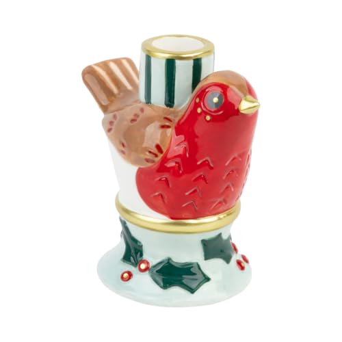 Talking Tables Robin Ceramic Candle Holder Christmas Decoration 13cm - Christmas Gift and Decoration: hand-painted ceramic robin on a holly plinth with a holder for one 2cm dinner candle.