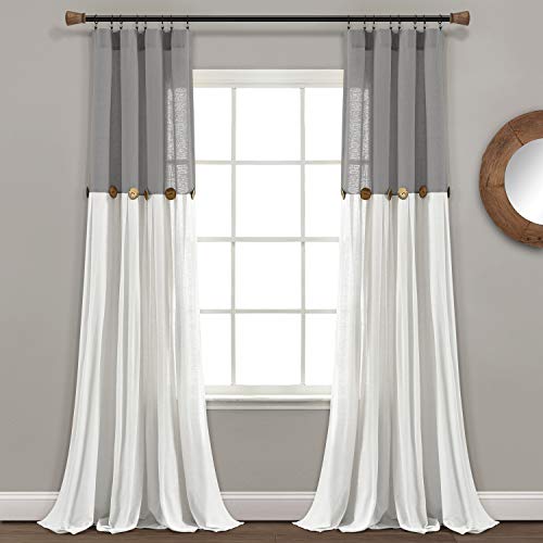 "Lush Decor Window Curtain with Buttons, Cotton Linen Blend Exclusive Decoration, Dark Grey and White, 40"" W x 84"" L"