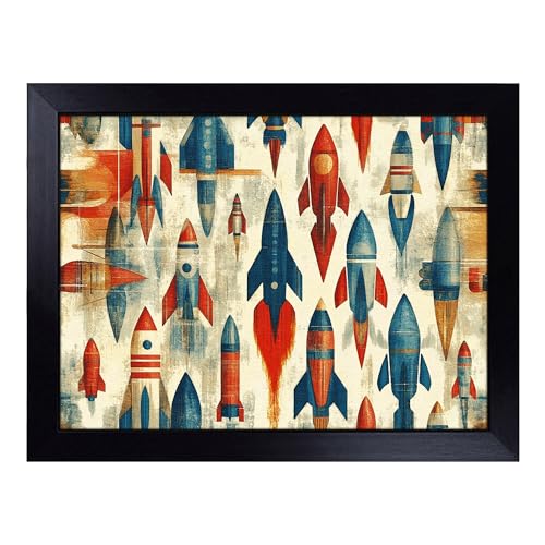 Lap Tray with Bean Bag Cushion, Rocket Pattern - Handmade in the UK, Raised Wooden Edge, Padded Cushion, Heat-Resistant Wipe-Clean Surface, for Meals, Laptops and Crafts