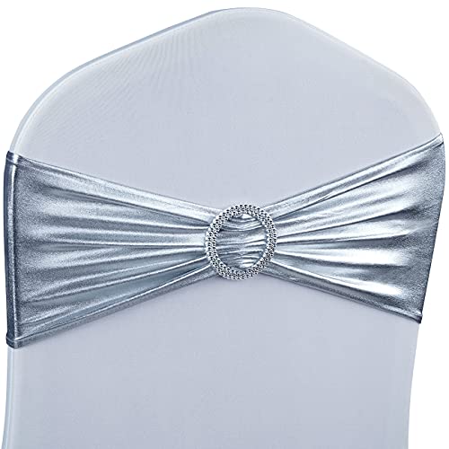 "Babenest 30PCS Spandex Chair Sashes Bows with Buckle Metallic Silver - 13""-19"" W, Universal, Elastic, Premium Stretch Chair Band Ties, For Wedding Party Easter Ceremony Reception Decoration"