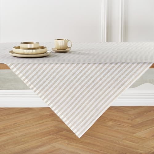 Solino Home Square Linen Tablecloth ??? 52 x 52 Inch Natural and White ??? 100% Pure Linen Stripe Tablecloth for Fall, Thanksgiving, Christmas ??? Amalfi Stripe, Handcrafted and Machine Washable