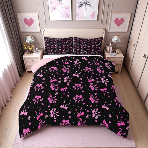 Erosebridal Pink Ribbon Bow Full Comforter Set for Girls - Pink and Black Bow Tie Bedding Sets for Kids Teen, Cute Princess Bowtie Bed Set, Coquette Bows Room Decor, 2 Pillowcases