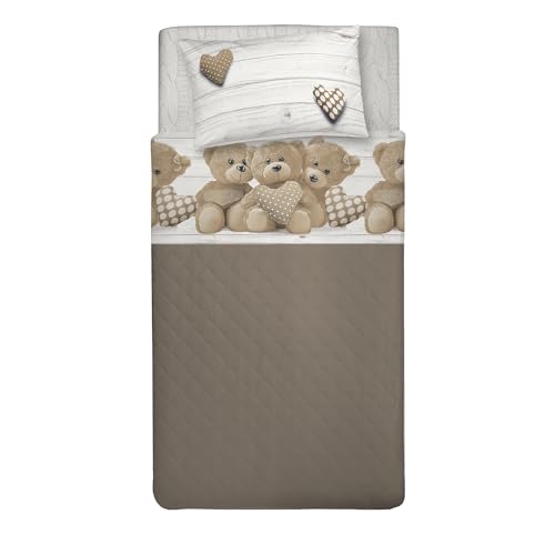 PENSIERI DELICATI Single Bed Set, 100% Cotton, Single Bed Sheet Set, 90 x 200 cm, Including Bottom Sheet, Top Sheet and 1 Pillow Case, Made in Italy, Beige Bears Design