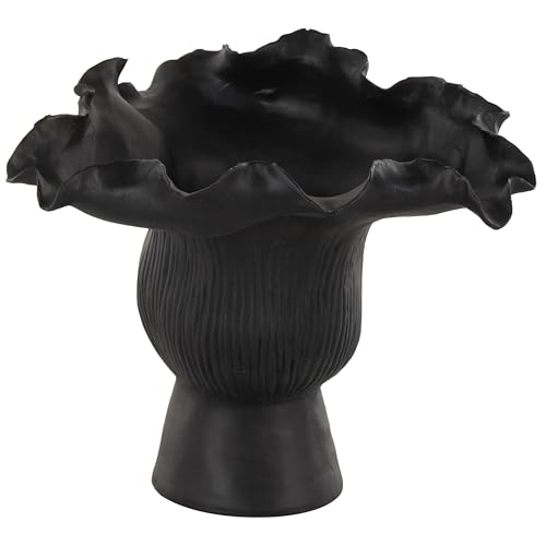 "Deco 79 Ceramic Abstract Decorative Vase Floral Inspired Centerpiece Vase with Linear Grooves, Flower Vase for Home Decoration 9"" x 8"" x 8"", Black"