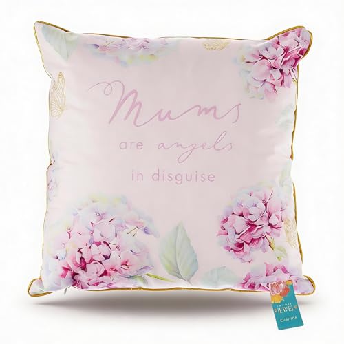 Hox Luxe Jewel Cushion for Mum, Floral Hydrangea Design with Sentimental ‘Mums Are Angels in Disguise’ Quote, Deep-Filled 46 x 46cm Decorative Pillow