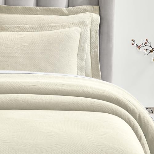 Superior 3 Piece Cotton Bedspread Set, Home Bed Decor, Decorative Bed Spread, 2 Pillow Shams, Medium Weight Blanket, Matelasse Coverlet, Bedding Essentials, Peploi Collection, Queen, Ivory