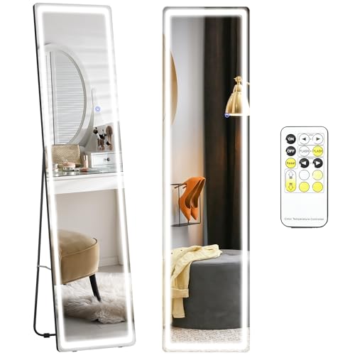 HOMCOM Full-Length Mirror, 160 x 40 cm, Wall Mounted, Freestanding Floor Mirror with LED Lights and Remote Control, Dimming & 3 Colour Modes, for Bedroom, Black