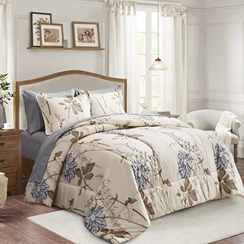 Joyreap 7 Piece Bed in a Bag King, Elegant Flower Botanical Design, Soft Microfiber Floral Comforter Set for All Season (1 Comforter, 2 Pillow Shams, 1 Flat Sheet, 1 Fitted Sheet, 2 Pillowcases)