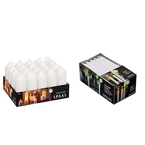 Spaas Tray of 20 Unscented Pillar Candles 40/110 mm, 13 Hours, White & 20 Household Tapered Dinner Candles 19/180 mm, ± 6 Hours, Unscented, White