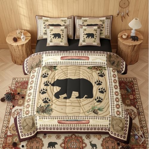 Erosebridal Bear 7 Piece Comforter Set King Rustic Cabin Decor Bedding Set Kids Teens Tribal Wild Animals Bed in A Bag Western Aztec Quilt Stump Bear Paw Print Sheet Set Exotic Nordic Style