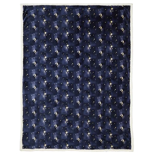 Fusion Sherpa Fleece Throw – Navy Cosmic Star & Moon Print – 150 x 200cm – Reversible – Soft Polyester Blanket for Sofa, Bed or Lounge