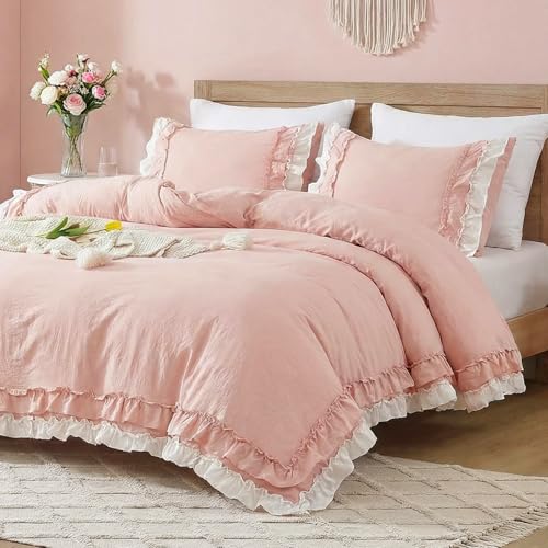 Bedorm Pink Ruffled Comforter Queen Coquette Bedding Set White and Pink Ruffle Fringe Romantic Bedroom Decor Shabby Chic Farmhouse Country Comforter Set