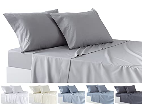 Todocama 4-Piece Bedding Set – Fitted Sheet – Top Sheet – Two Pillowcases 50 x 80 cm (Bed 105-105 x 190/200 cm, Light Grey)