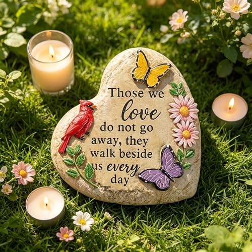 YHSOLAR Memorial Garden Stone Cardinal Sympathy Gifts with Butterfly Flowers, in Memory of Loved One Gifts for Mother Father Cemetery Decorations for Grave Waterproof 6 inch