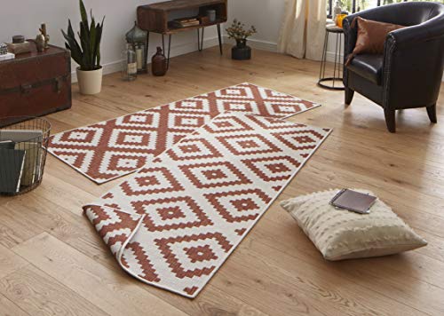 NORTHRUGS Outdoor Rug Malta Reversible Rug Weatherproof Modern Geometric Pattern Runner for Balcony, Patio, Garden, Conservatory, Living Room Rug Waterproof, Polypropylene, Terra, Cream, 80 x 350 cm