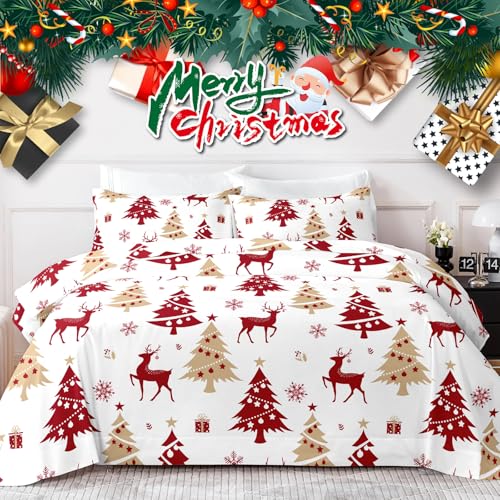 "HCORA Christmas Sheets Queen Size - Reindeer - Luxury 1800 Brushed Microfiber Queen Sheet Set - Breathable Sheets for Queen Size Bed - 16"" Deep Pocket, Extra Soft, Shrinkage, Fade Resistant"