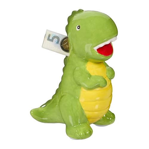 Relaxdays Dinosaur Money Box, Fun Design, Dolomite Piggy Bank, Removable Base, Savings, HWD: 19 x 10 x 15.5 cm, Green