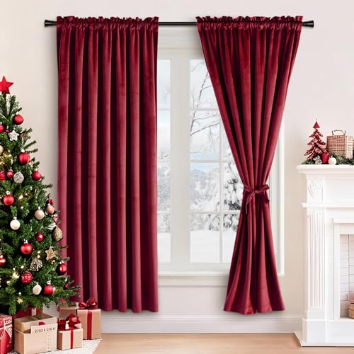 JIUZHEN Wine Red Velvet Curtains, 63 inches, Set of 2 with Tiebacks, W42 x L63 inches, Room Darkening, Bedroom/Living Room