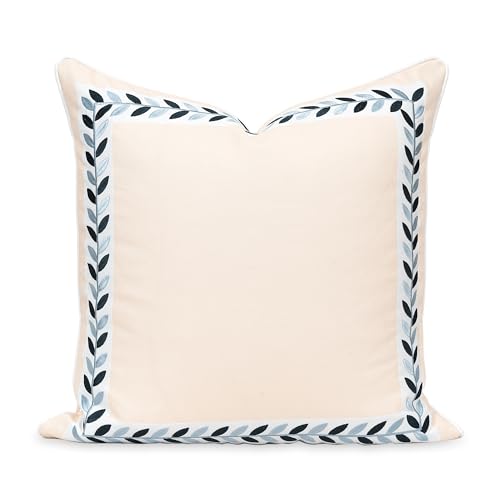 "Hofdeco Premium Coastal Patio Indoor Outdoor Throw Pillow Cover Only, 20""x20"" Water Repellent for Backyard, Couch, Neutral Tan Embroidered Frame Leafs with Piping"