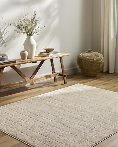 "Livabliss x Our PNW Home Cascade Minimalist Grid Area Rug, 5'3"" x 7', Light Beige"