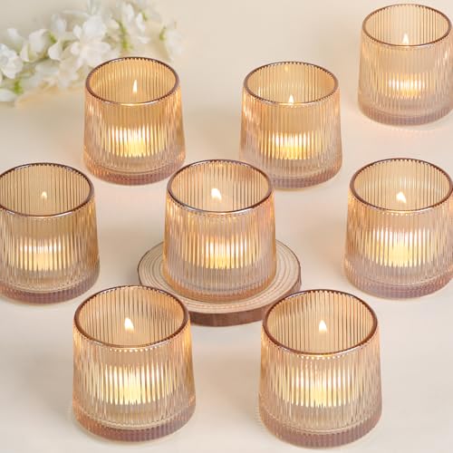 DARJEN Gold Ribbed Tealight Votive Candle Holders Set of 10- Tea Light Candle Holders Glass for Table Centerpiece, Votive Candle Holders for Home, Wedding & Fall Decor
