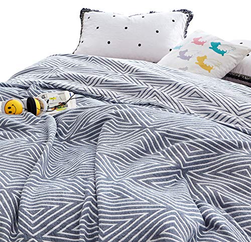 MEJU Blue Checks Stripes Triange Muslin Lightweight Summer Blanket for Bed Sofa Couch 100% Combed Cotton 3 Layer Soft Warm Bedspread Throw Blanket Bed Coverlet Sheet Twin 60 in X 80 in